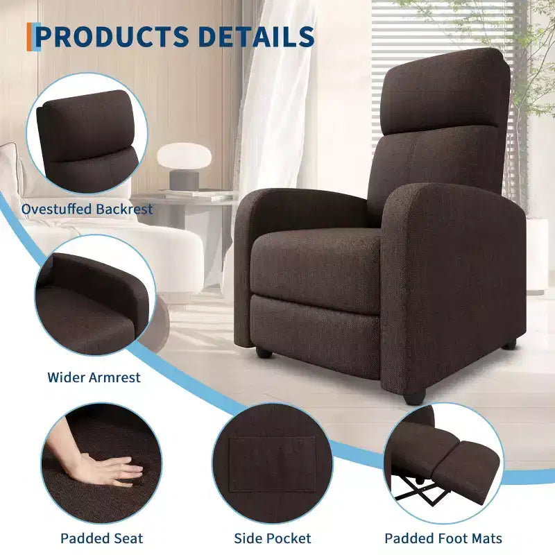 Fauteuil inclinable manuel en lin avec dossier haut, coussin épais, dossier inclinable réglable, chaise longue paresseuse pour salon, cinéma maison, chambre à coucher