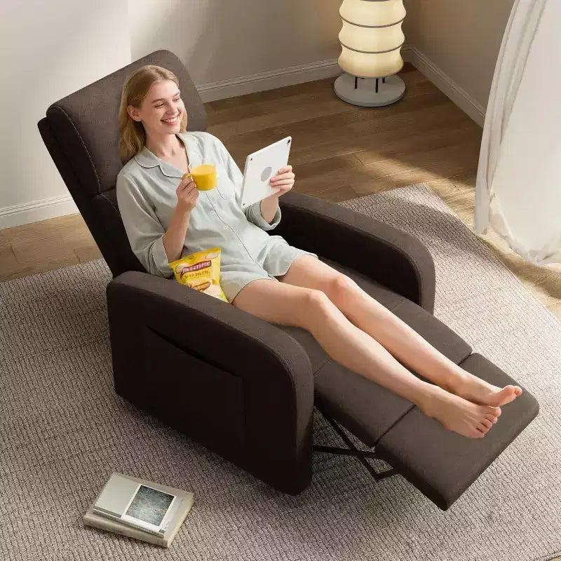 Fauteuil inclinable manuel en lin avec dossier haut, coussin épais, dossier inclinable réglable, chaise longue paresseuse pour salon, cinéma maison, chambre à coucher