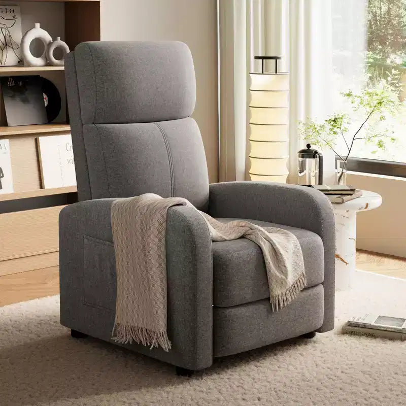 Fauteuil inclinable manuel en lin avec dossier haut, coussin épais, dossier inclinable réglable, chaise longue paresseuse pour salon, cinéma maison, chambre à coucher