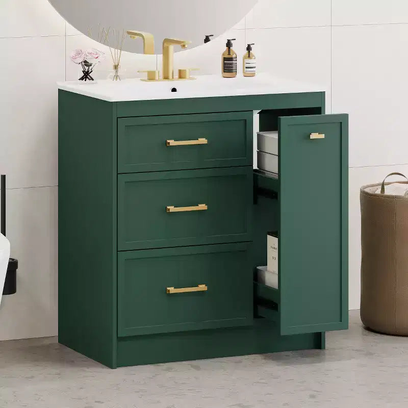 Meuble de lavabo 30 pouces pour petite salle de bain avec rangement, meuble bas de salle de bain avec tiroirs pour petit espace, vert