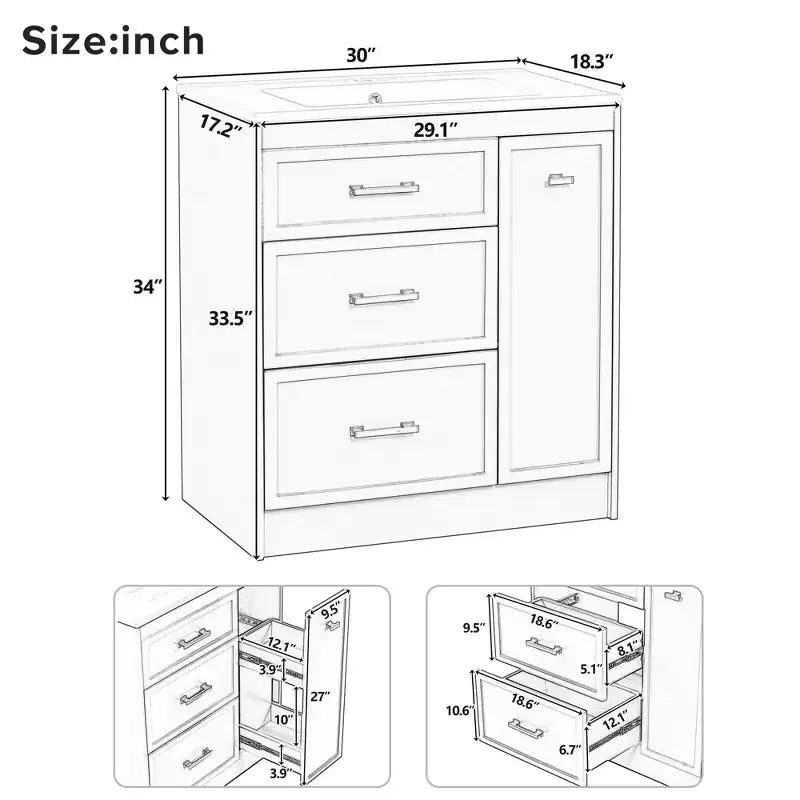 Meuble de lavabo 30 pouces pour petite salle de bain avec rangement, meuble bas de salle de bain avec tiroirs pour petit espace, vert