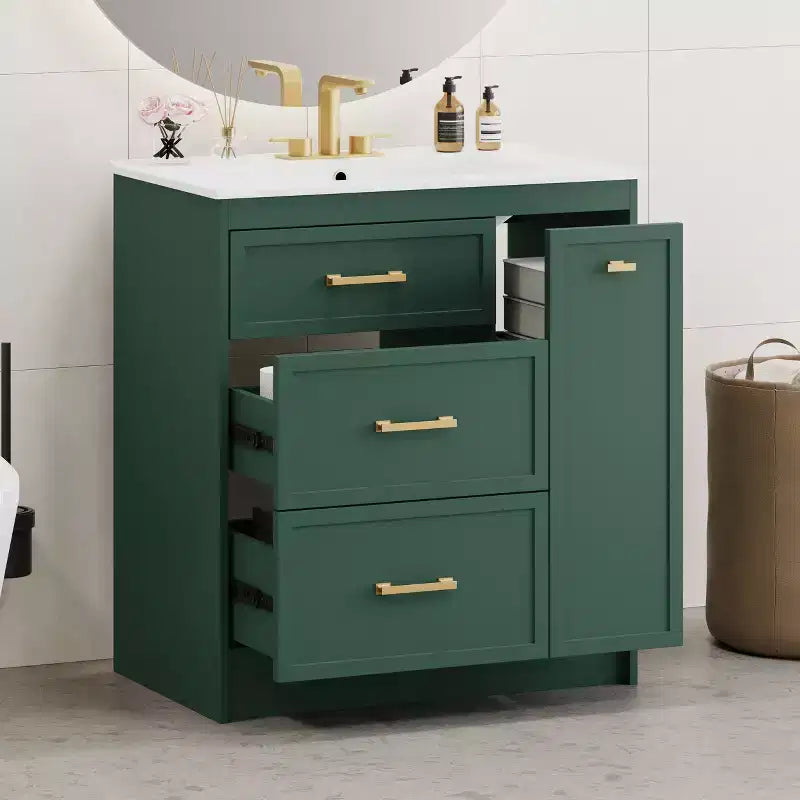 Meuble de lavabo 30 pouces pour petite salle de bain avec rangement, meuble bas de salle de bain avec tiroirs pour petit espace, vert