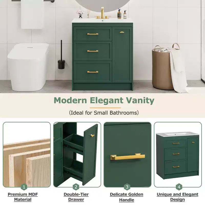 Meuble de lavabo 30 pouces pour petite salle de bain avec rangement, meuble bas de salle de bain avec tiroirs pour petit espace, vert
