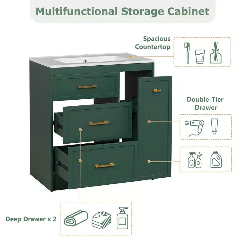 Meuble de lavabo 30 pouces pour petite salle de bain avec rangement, meuble bas de salle de bain avec tiroirs pour petit espace, vert
