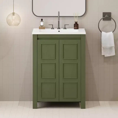24 Small Bathroom Vanity with Soft-close Doors, Bathroom Cabinets Freestanding with Adjustable Shelf, Olive Green