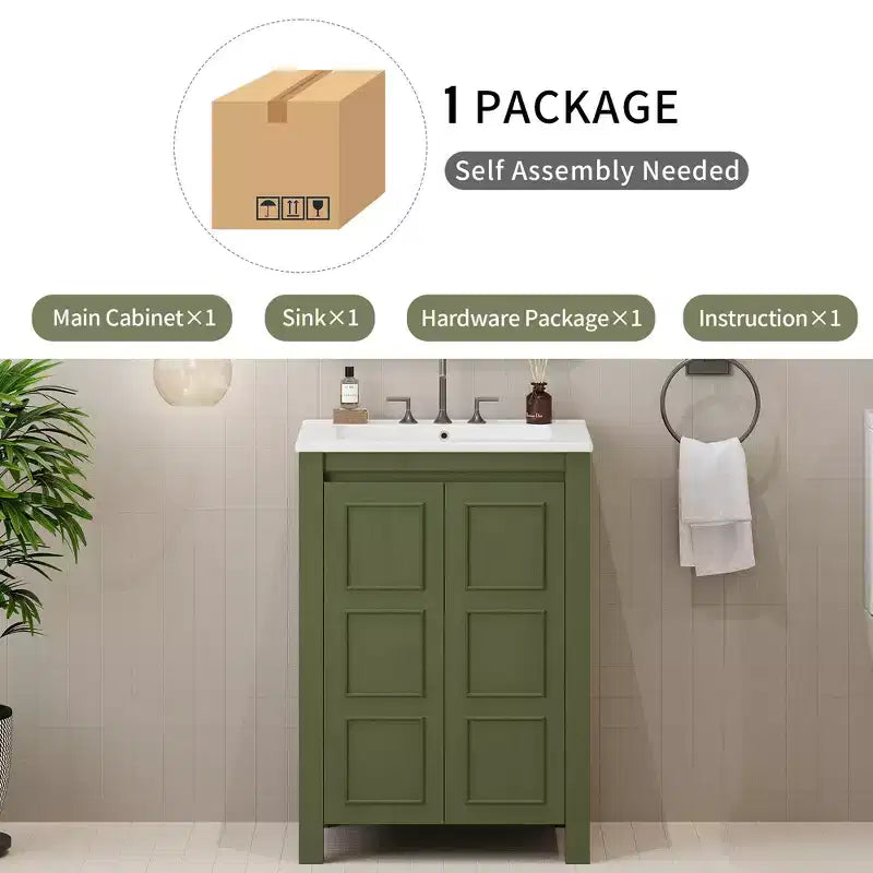 Meuble lavabo 60 cm pour petite salle de bain avec portes à fermeture amortie, meuble de salle de bain sur pied avec étagère réglable, Vert olive