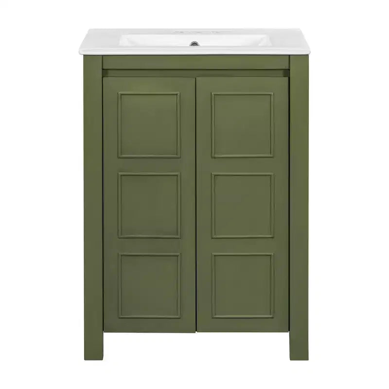 Meuble lavabo 60 cm pour petite salle de bain avec portes à fermeture amortie, meuble de salle de bain sur pied avec étagère réglable, Vert olive