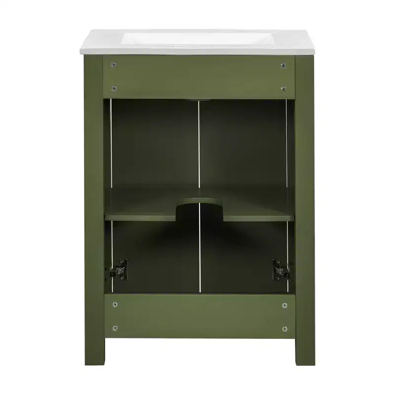 Meuble lavabo 60 cm pour petite salle de bain avec portes à fermeture amortie, meuble de salle de bain sur pied avec étagère réglable, Vert olive