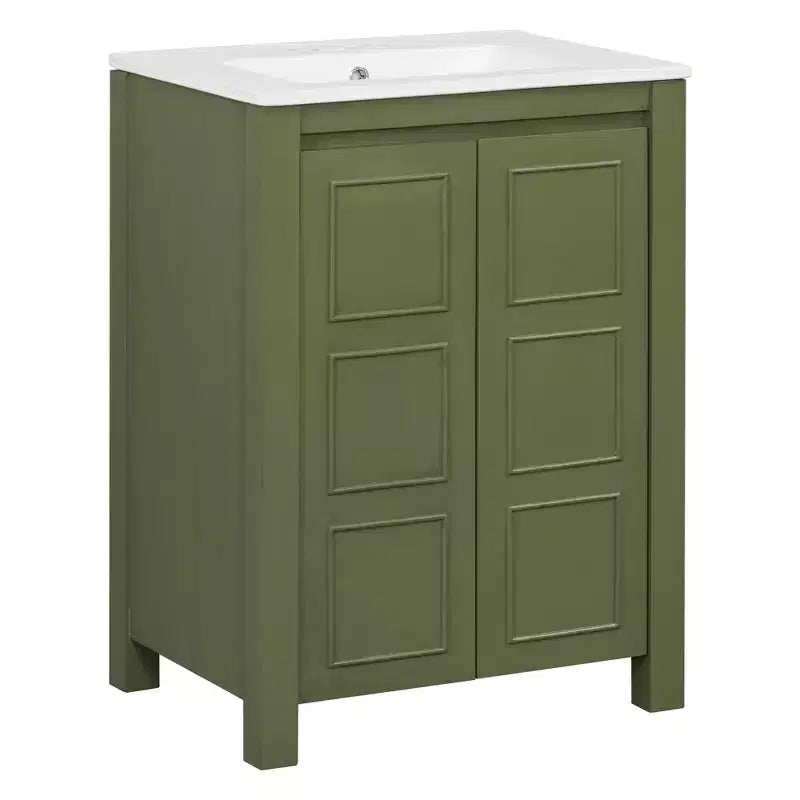Meuble lavabo 60 cm pour petite salle de bain avec portes à fermeture amortie, meuble de salle de bain sur pied avec étagère réglable, Vert olive