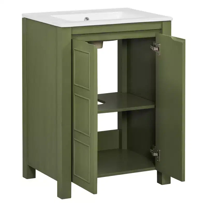 Meuble lavabo 60 cm pour petite salle de bain avec portes à fermeture amortie, meuble de salle de bain sur pied avec étagère réglable, Vert olive