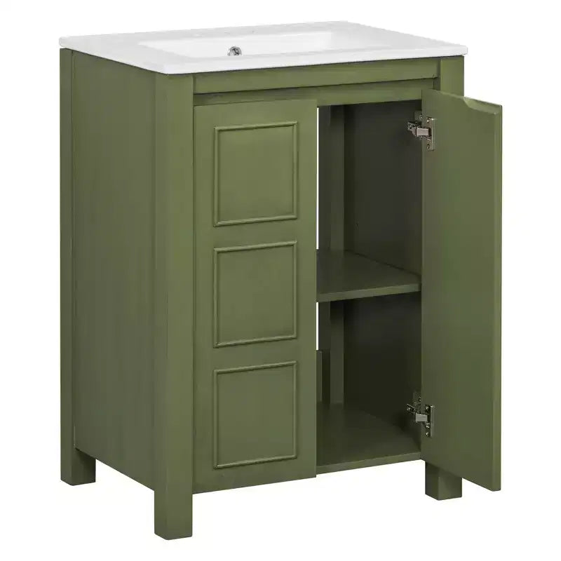 Meuble lavabo 60 cm pour petite salle de bain avec portes à fermeture amortie, meuble de salle de bain sur pied avec étagère réglable, Vert olive
