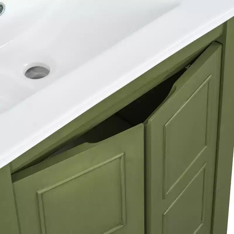 Meuble lavabo 60 cm pour petite salle de bain avec portes à fermeture amortie, meuble de salle de bain sur pied avec étagère réglable, Vert olive