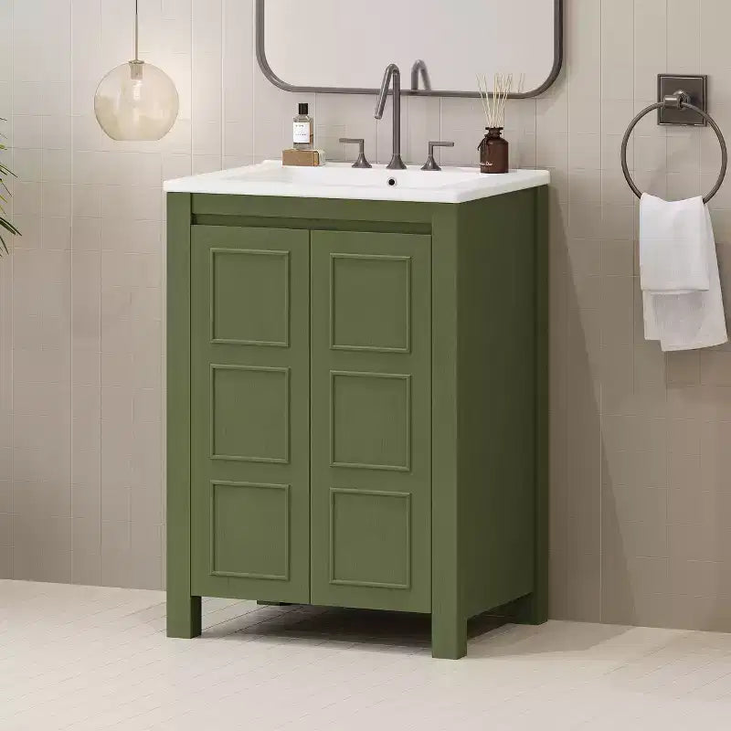 Meuble lavabo 60 cm pour petite salle de bain avec portes à fermeture amortie, meuble de salle de bain sur pied avec étagère réglable, Vert olive