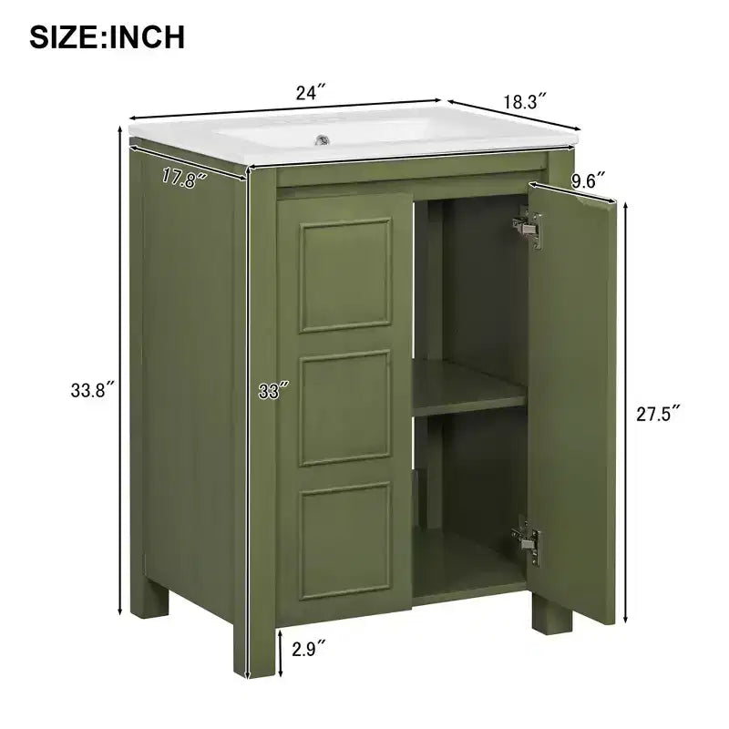Meuble lavabo 60 cm pour petite salle de bain avec portes à fermeture amortie, meuble de salle de bain sur pied avec étagère réglable, Vert olive