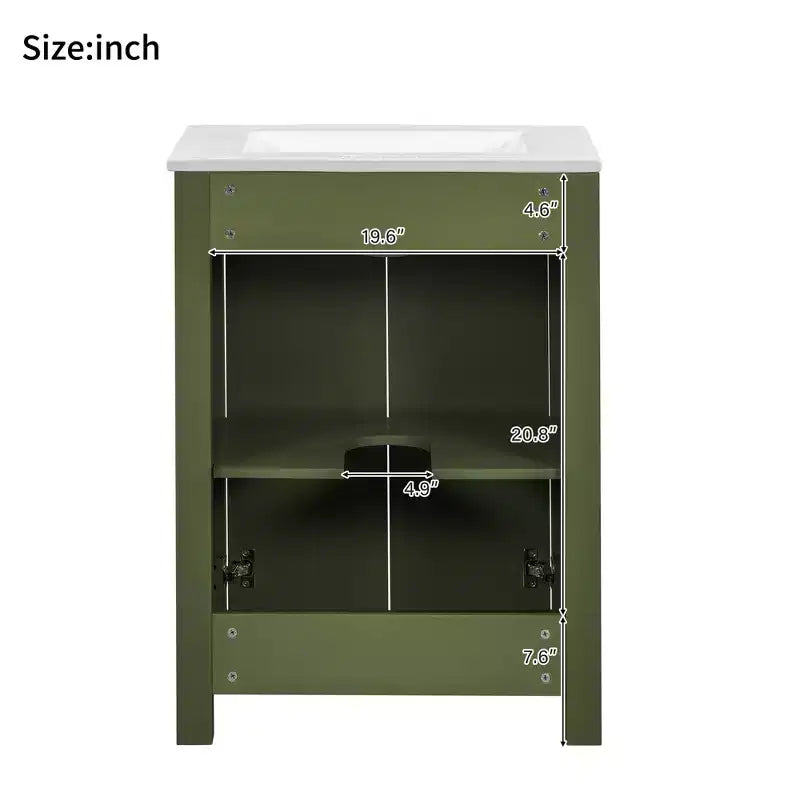 Meuble lavabo 60 cm pour petite salle de bain avec portes à fermeture amortie, meuble de salle de bain sur pied avec étagère réglable, Vert olive