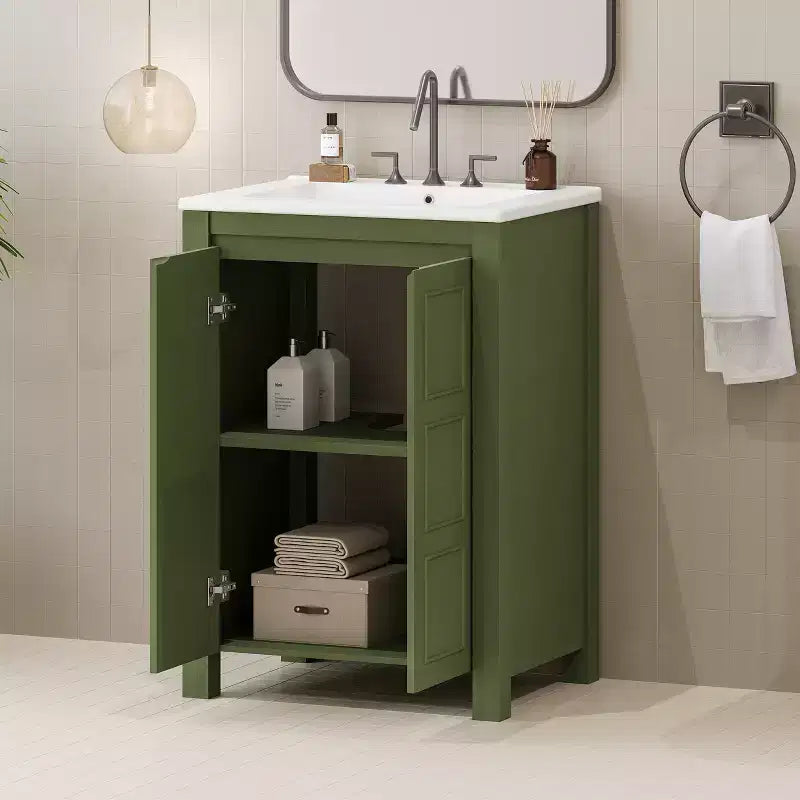 Meuble lavabo 60 cm pour petite salle de bain avec portes à fermeture amortie, meuble de salle de bain sur pied avec étagère réglable, Vert olive