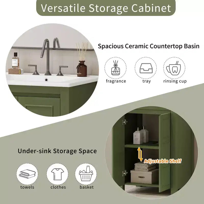 Meuble lavabo 60 cm pour petite salle de bain avec portes à fermeture amortie, meuble de salle de bain sur pied avec étagère réglable, Vert olive