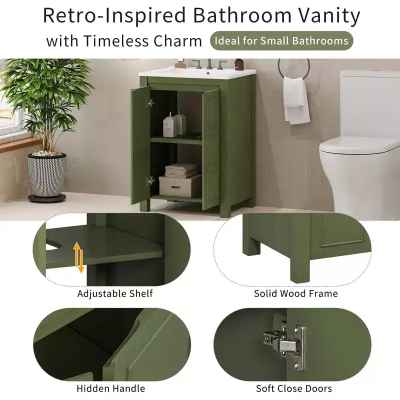 Meuble lavabo 60 cm pour petite salle de bain avec portes à fermeture amortie, meuble de salle de bain sur pied avec étagère réglable, Vert olive