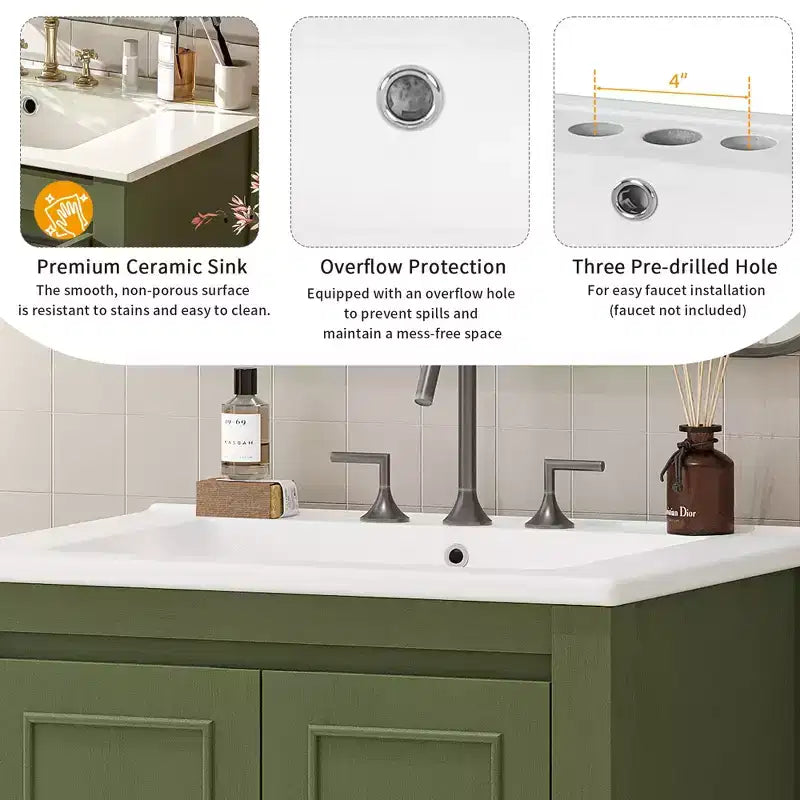 Meuble lavabo 60 cm pour petite salle de bain avec portes à fermeture amortie, meuble de salle de bain sur pied avec étagère réglable, Vert olive