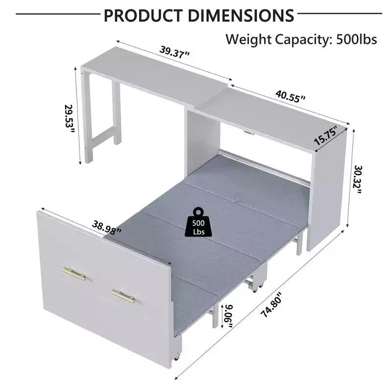Cadre de lit escamotable simple, commode de chambre avec bureau à position réglable, coussin pliant