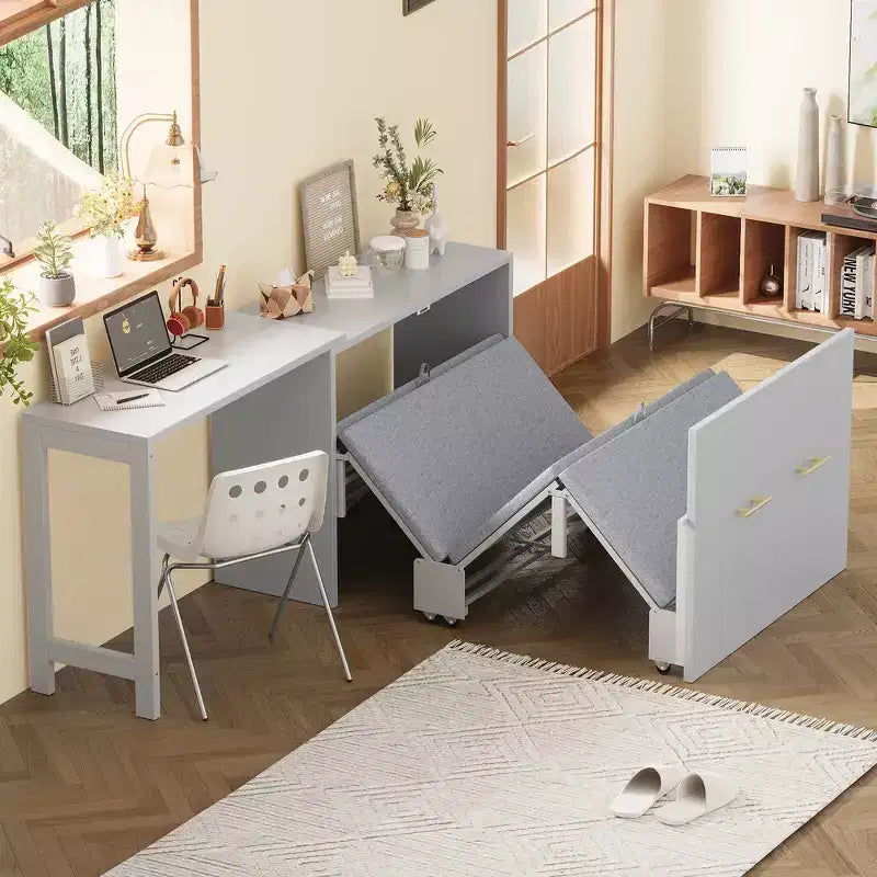 Cadre de lit escamotable simple, commode de chambre avec bureau à position réglable, coussin pliant