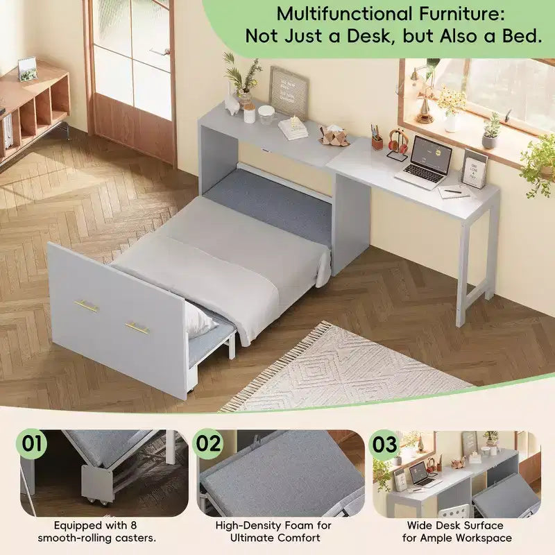 Cadre de lit escamotable simple, commode de chambre avec bureau à position réglable, coussin pliant