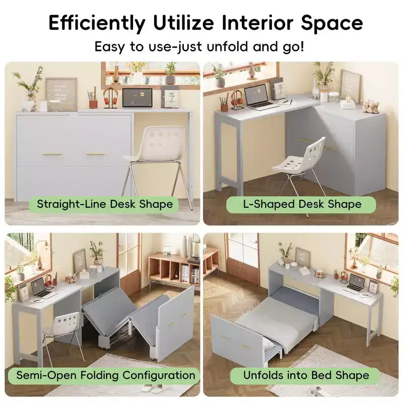Cadre de lit escamotable simple, commode de chambre avec bureau à position réglable, coussin pliant