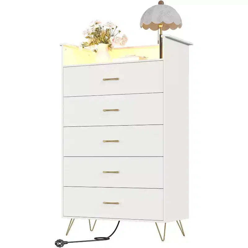 Commode haute moderne à 5 tiroirs pour chambre, commode en bois avec glissières à fermeture silencieuse, organisateur de rangement blanc résistant à l'eau pour couloir