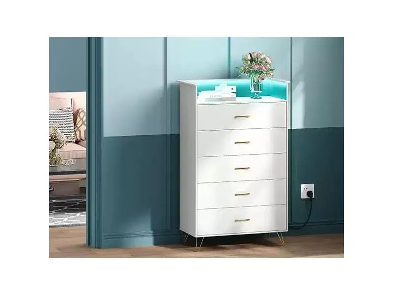 Commode haute moderne à 5 tiroirs pour chambre, commode en bois avec glissières à fermeture silencieuse, organisateur de rangement blanc résistant à l'eau pour couloir
