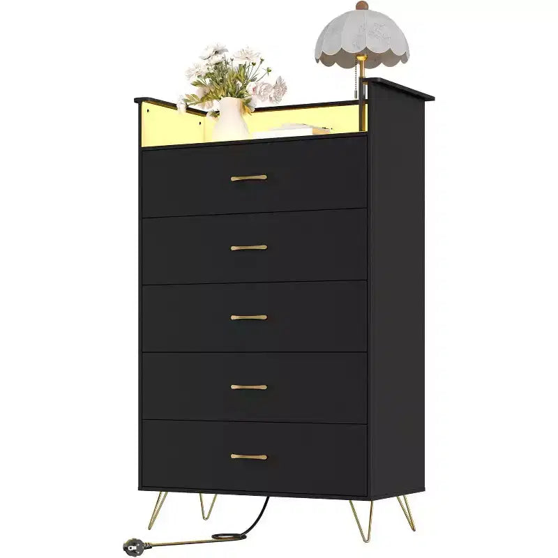 Commode haute moderne à 5 tiroirs pour chambre, commode en bois avec glissières à fermeture silencieuse, organisateur de rangement blanc résistant à l'eau pour couloir
