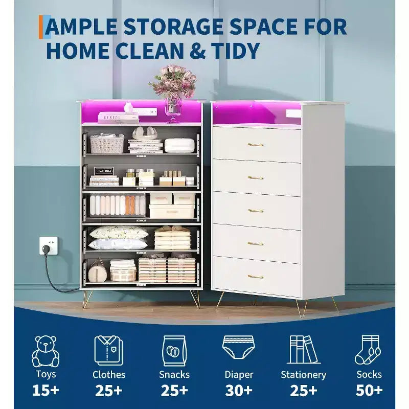Commode haute moderne à 5 tiroirs pour chambre, commode en bois avec glissières à fermeture silencieuse, organisateur de rangement blanc résistant à l'eau pour couloir