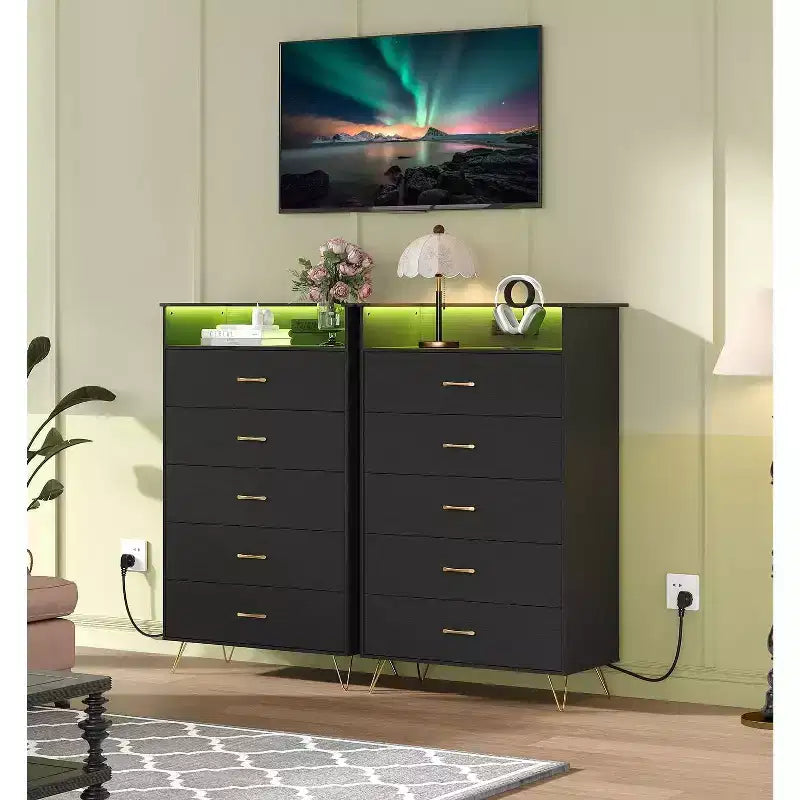Commode haute moderne à 5 tiroirs pour chambre, commode en bois avec glissières à fermeture silencieuse, organisateur de rangement blanc résistant à l'eau pour couloir
