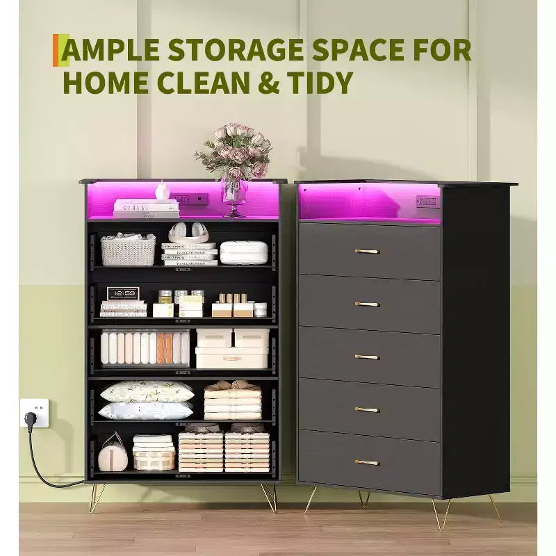 Commode haute moderne à 5 tiroirs pour chambre, commode en bois avec glissières à fermeture silencieuse, organisateur de rangement blanc résistant à l'eau pour couloir