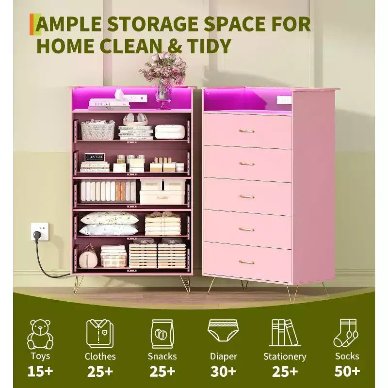 Commode haute moderne à 5 tiroirs pour chambre, commode en bois avec glissières à fermeture silencieuse, organisateur de rangement blanc résistant à l'eau pour couloir