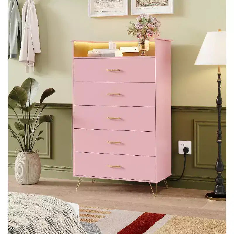 Commode haute moderne à 5 tiroirs pour chambre, commode en bois avec glissières à fermeture silencieuse, organisateur de rangement blanc résistant à l'eau pour couloir