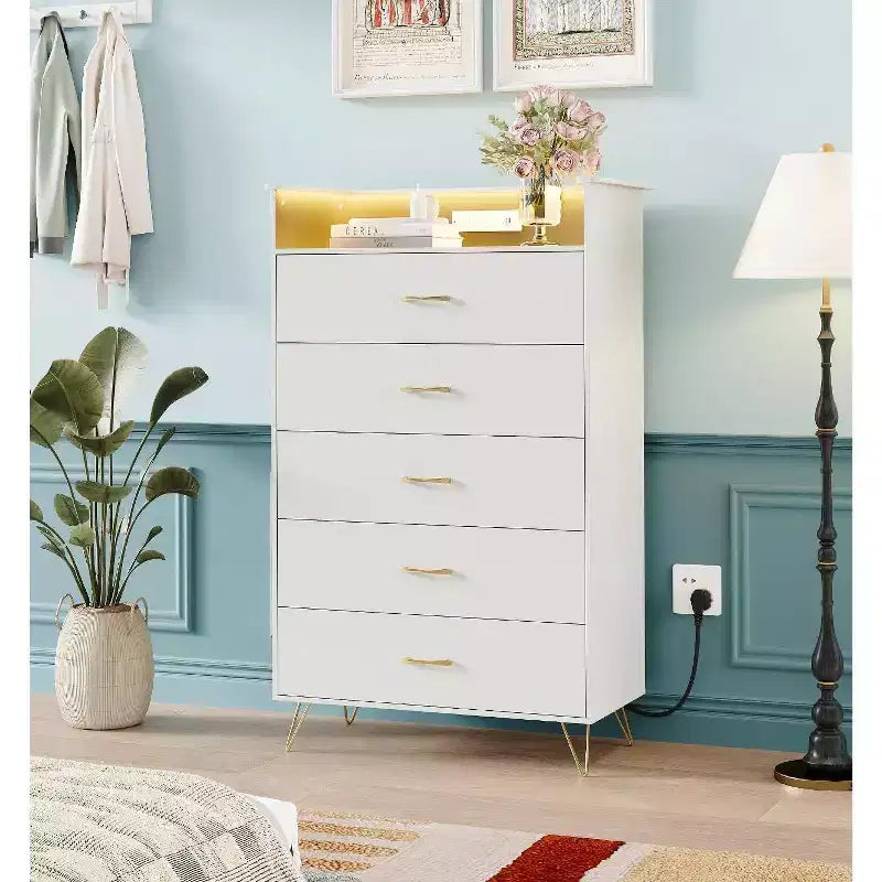 Commode haute moderne à 5 tiroirs pour chambre, commode en bois avec glissières à fermeture silencieuse, organisateur de rangement blanc résistant à l'eau pour couloir