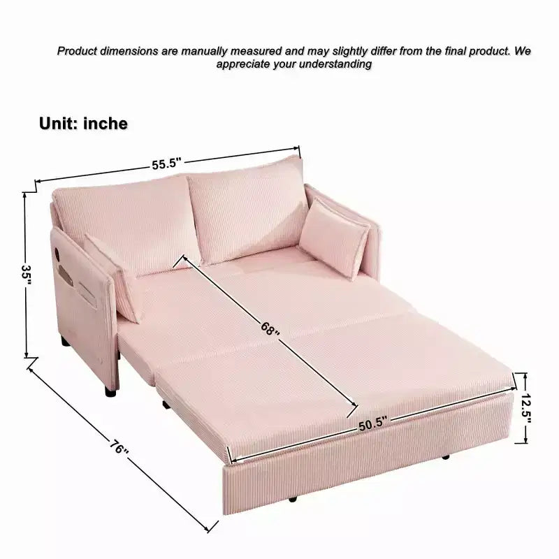 Canapé-lit convertible en velours côtelé 3-en-1 avec port USB et poches latérales de rangement, lit double gigogne pour chambre d'amis ou appartement