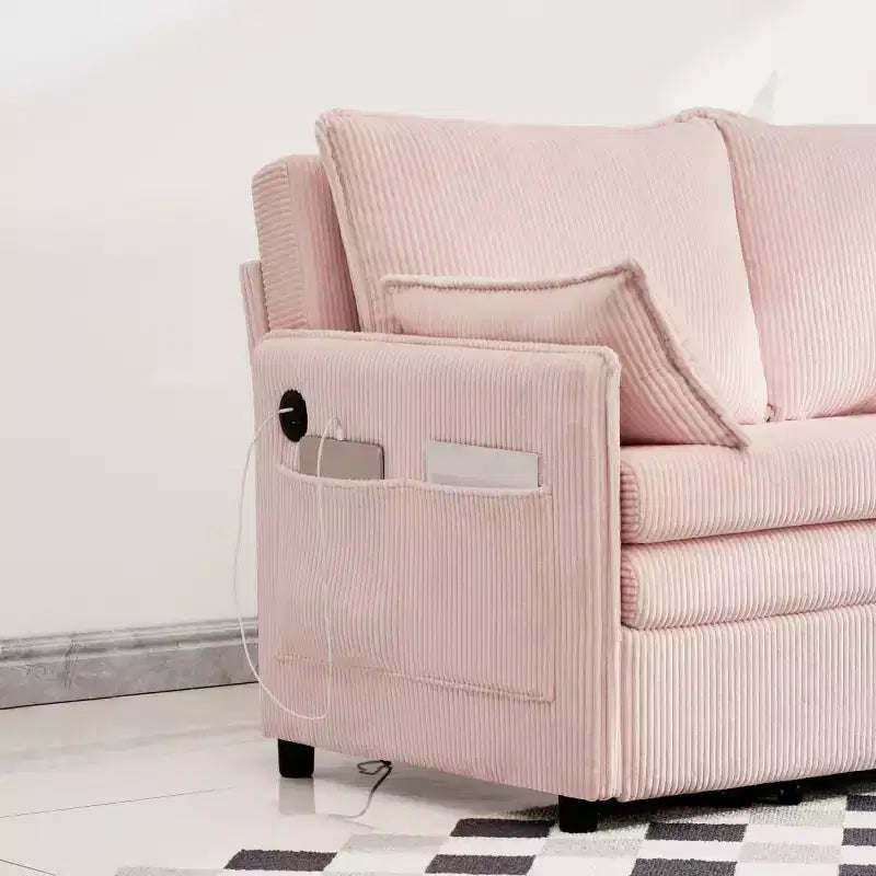 Canapé-lit convertible en velours côtelé 3-en-1 avec port USB et poches latérales de rangement, lit double gigogne pour chambre d'amis ou appartement