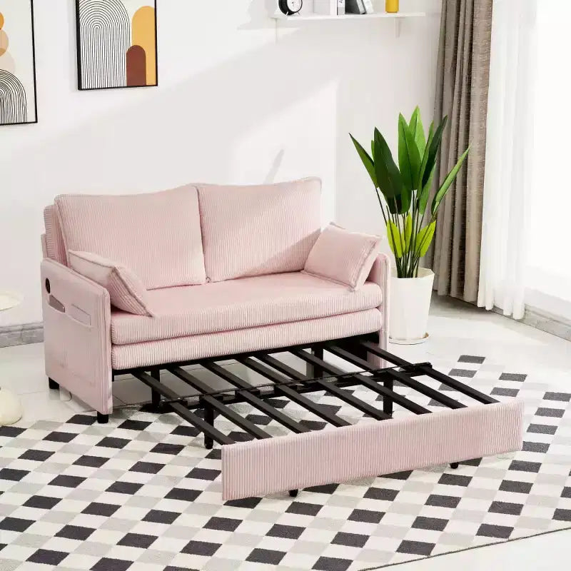 Canapé-lit convertible en velours côtelé 3-en-1 avec port USB et poches latérales de rangement, lit double gigogne pour chambre d'amis ou appartement