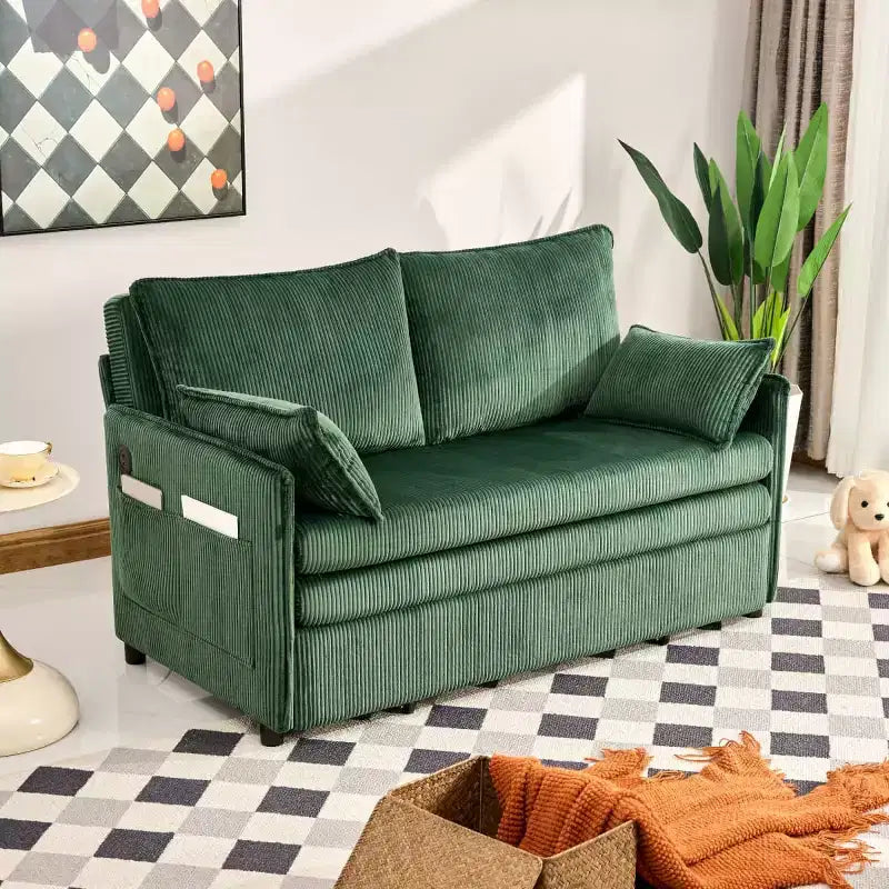 3-in-1 Corduroy Convertible Sofa Bed with USB and Side Pocket Storage, Twin Pull Out Sleeper Couch for Guest Room or Apartment - Panipeachy
