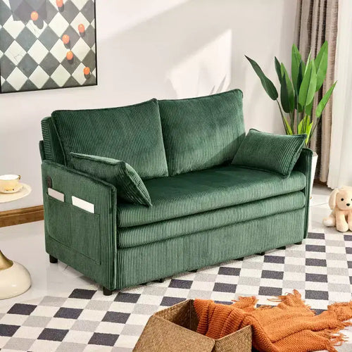 3-in-1 Corduroy Convertible Sofa Bed with USB and Side Pocket Storage, Twin Pull Out Sleeper Couch for Guest Room or Apartment - Panipeachy