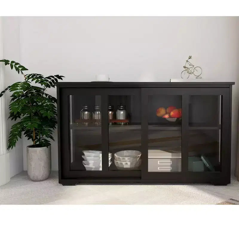 Meuble Buffet de Cuisine, Armoire avec Portes Coulissantes en Verre, Étagère Réglable à 2 Niveaux, Buffet pour Cuisine, Salle à Manger, Salon