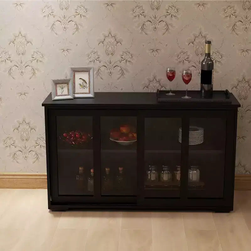 Meuble Buffet de Cuisine, Armoire avec Portes Coulissantes en Verre, Étagère Réglable à 2 Niveaux, Buffet pour Cuisine, Salle à Manger, Salon