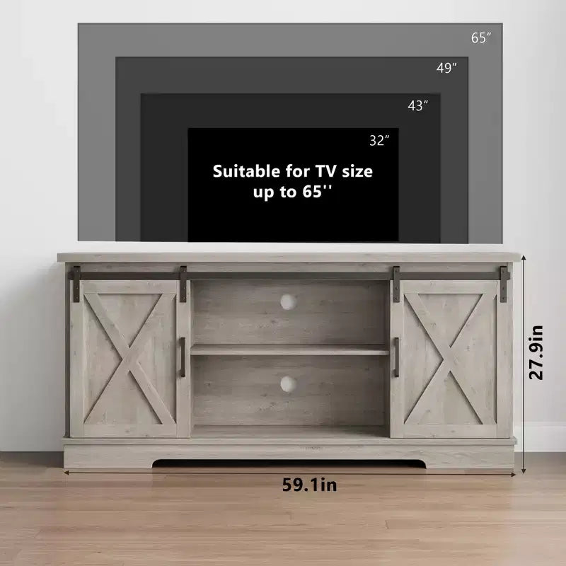 Meuble TV de ferme pour téléviseur de 65 pouces, meuble de divertissement avec porte coulissante de style grange, console TV pour salon - Gris