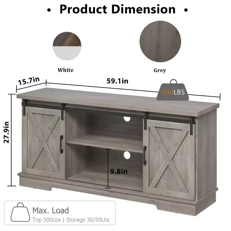 Meuble TV de ferme pour téléviseur de 65 pouces, meuble de divertissement avec porte coulissante de style grange, console TV pour salon - Gris