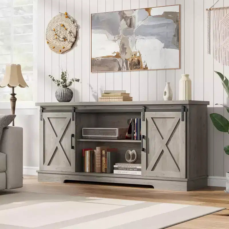 Meuble TV de ferme pour téléviseur de 65 pouces, meuble de divertissement avec porte coulissante de style grange, console TV pour salon - Gris