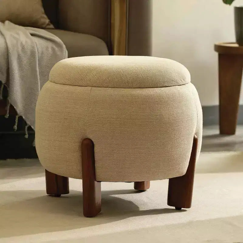 Pouf Artisanal avec Base en Bois de Mangue, Repose-Pieds Rond Chic pour Chambre et Salon, Pouf d'Appoint, Entretien Facile