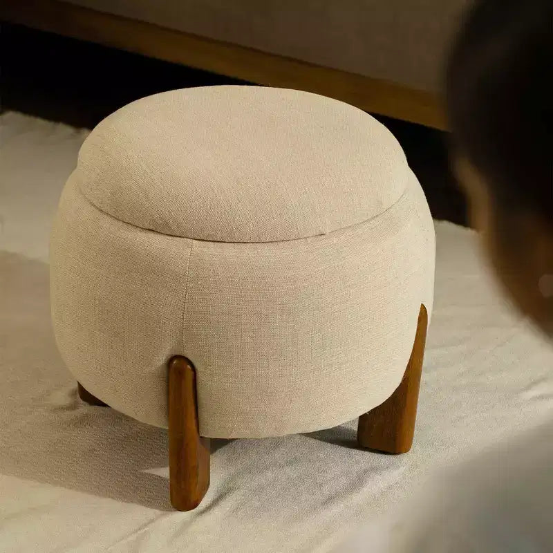 Pouf Artisanal avec Base en Bois de Mangue, Repose-Pieds Rond Chic pour Chambre et Salon, Pouf d'Appoint, Entretien Facile