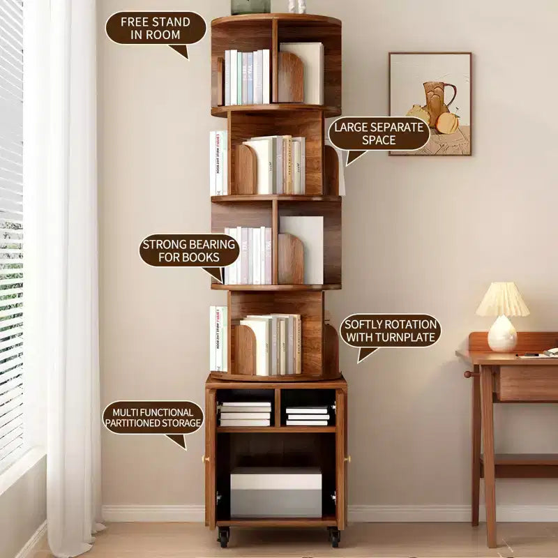 Étagère tournante à 360 degrés, bibliothèque d'angle à 5 niveaux avec tiroir pour petits espaces, meuble de rangement vertical en bois, organisateur étroit