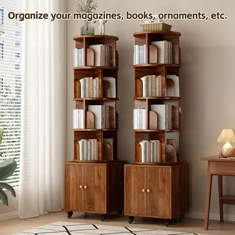 Étagère tournante à 360 degrés, bibliothèque d'angle à 5 niveaux avec tiroir pour petits espaces, meuble de rangement vertical en bois, organisateur étroit